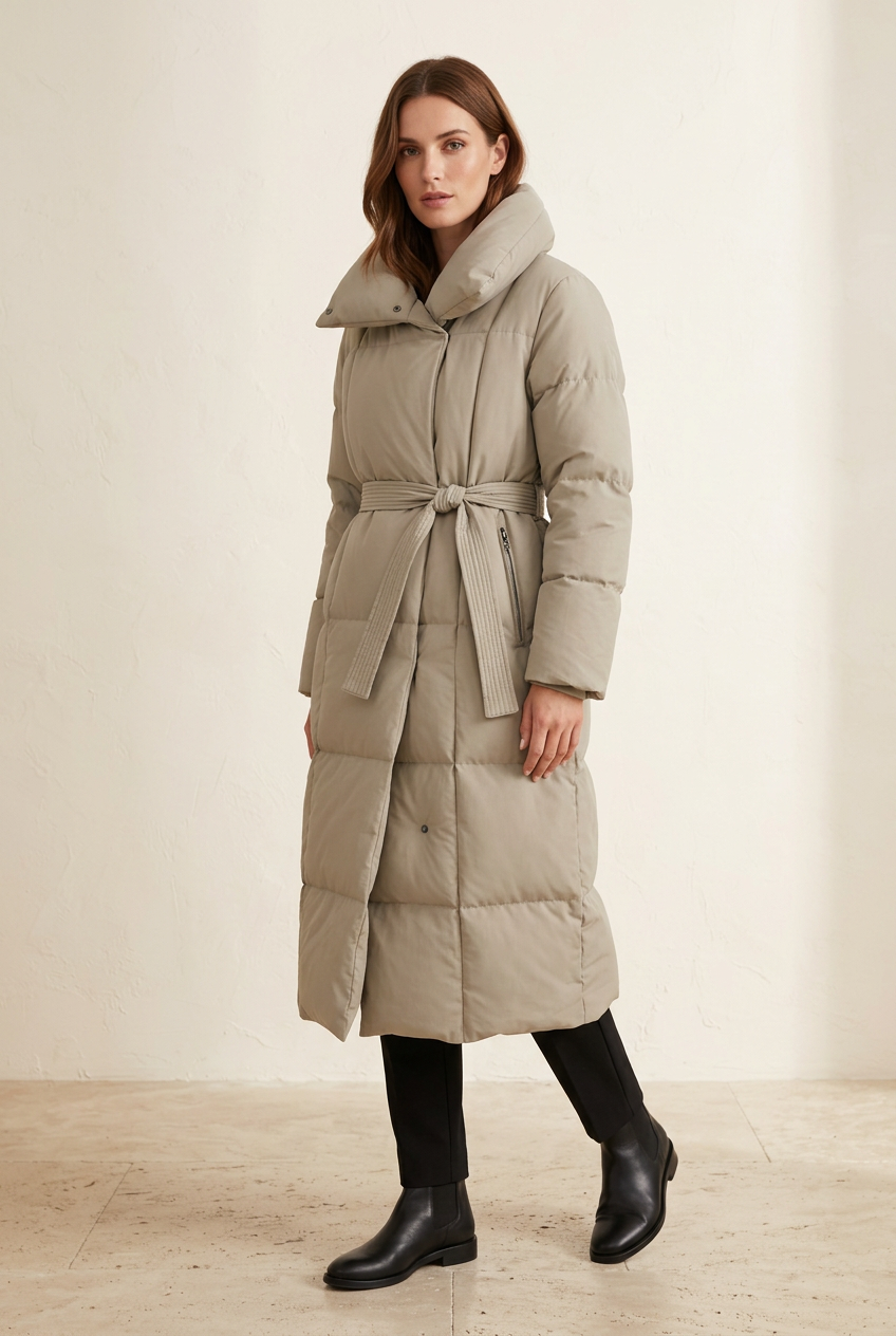 Lange Winterjacke in hellem Taupe mit Gürtel, an einem Model vor einem warmen, hellen Studiohintergrund.