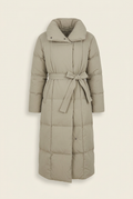 Lange Steppjacke mit Gürtel – Helles Taupe