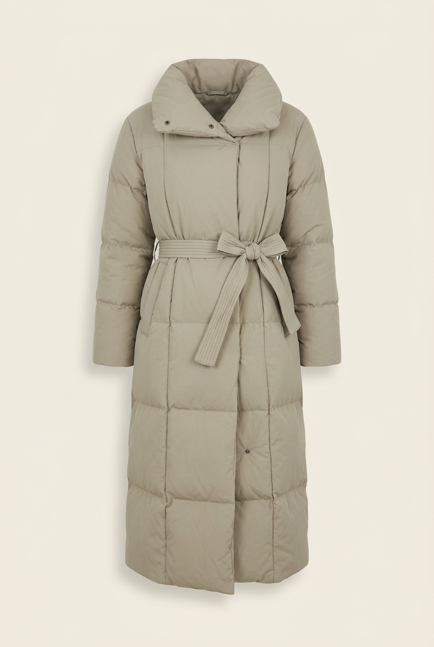 Lange Steppjacke mit Gürtel – Helles Taupe