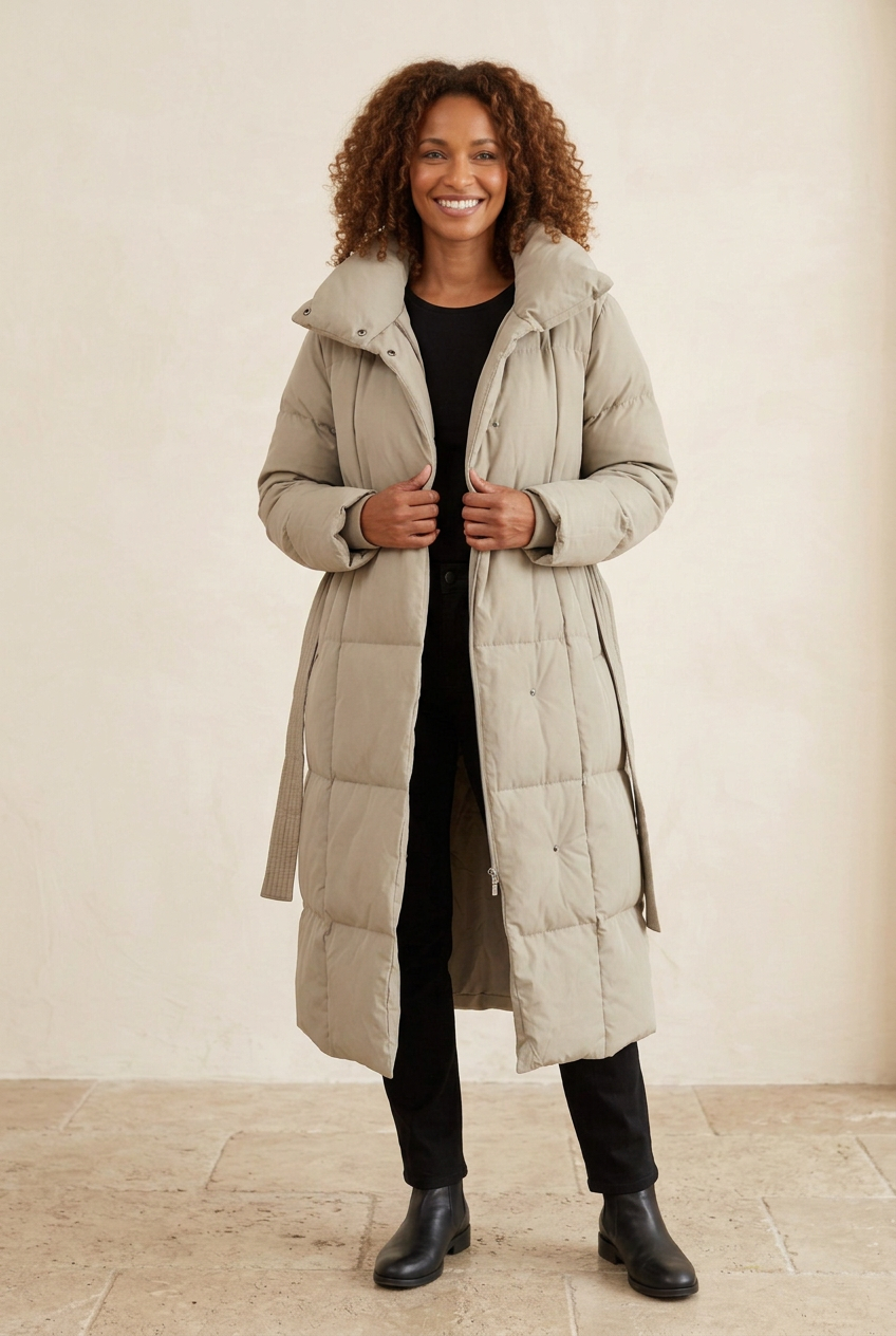 Lange Steppjacke mit Gürtel – Helles Taupe